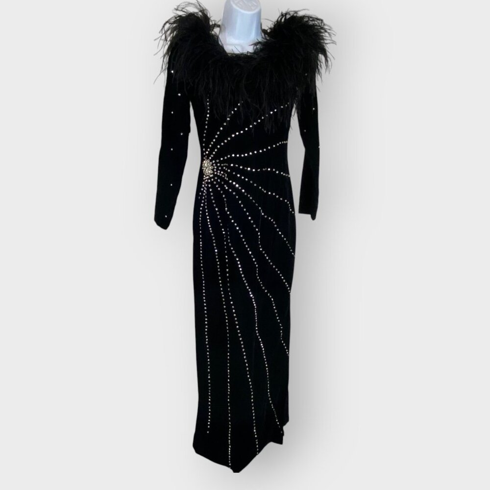 Vintage Formal Velvet Feather Rhinestone Dress | Black | Event Ball Diva Queen